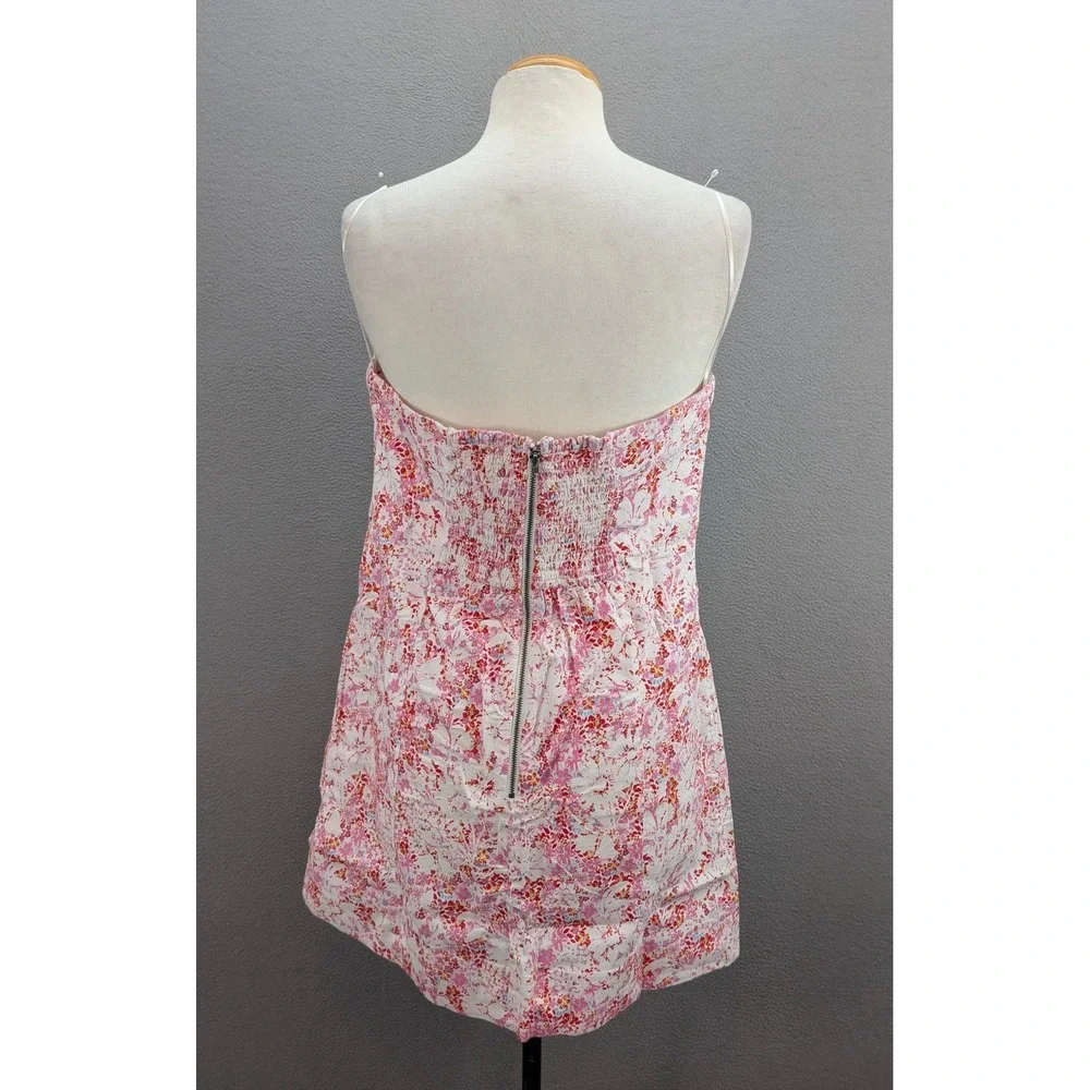 Free People Tomas Floral Strapless Mini Dress‎ Smocked Button Down Pink XL NWT